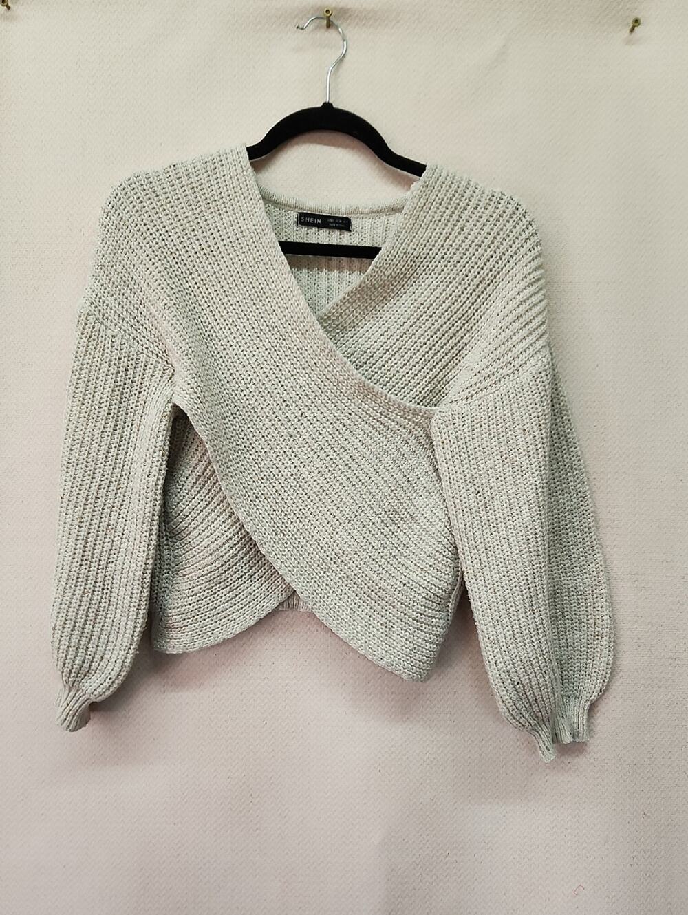 SHEIN Cream Wrap V‑Neck Chunky Knit Sweater